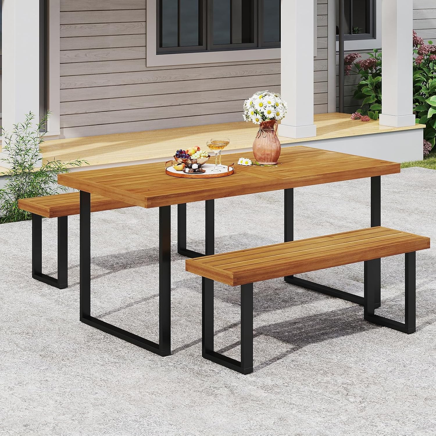 3 Pieces Patio Dining Table Set 63” Rectangle Acacia Wood Table W/ Umbrella Hole