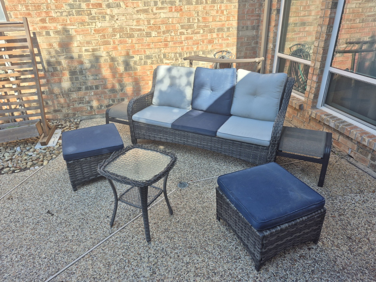 Wicker Patio Sofa Set w/ Cushions, 2 Ottomans & Square Clear Glass Table