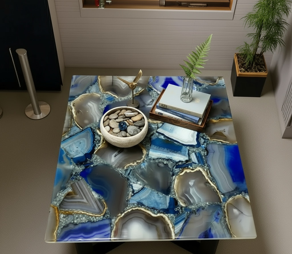 Luxury Blue Agate Coffee Table – Handmade Natural Stone Gemstone Furniture