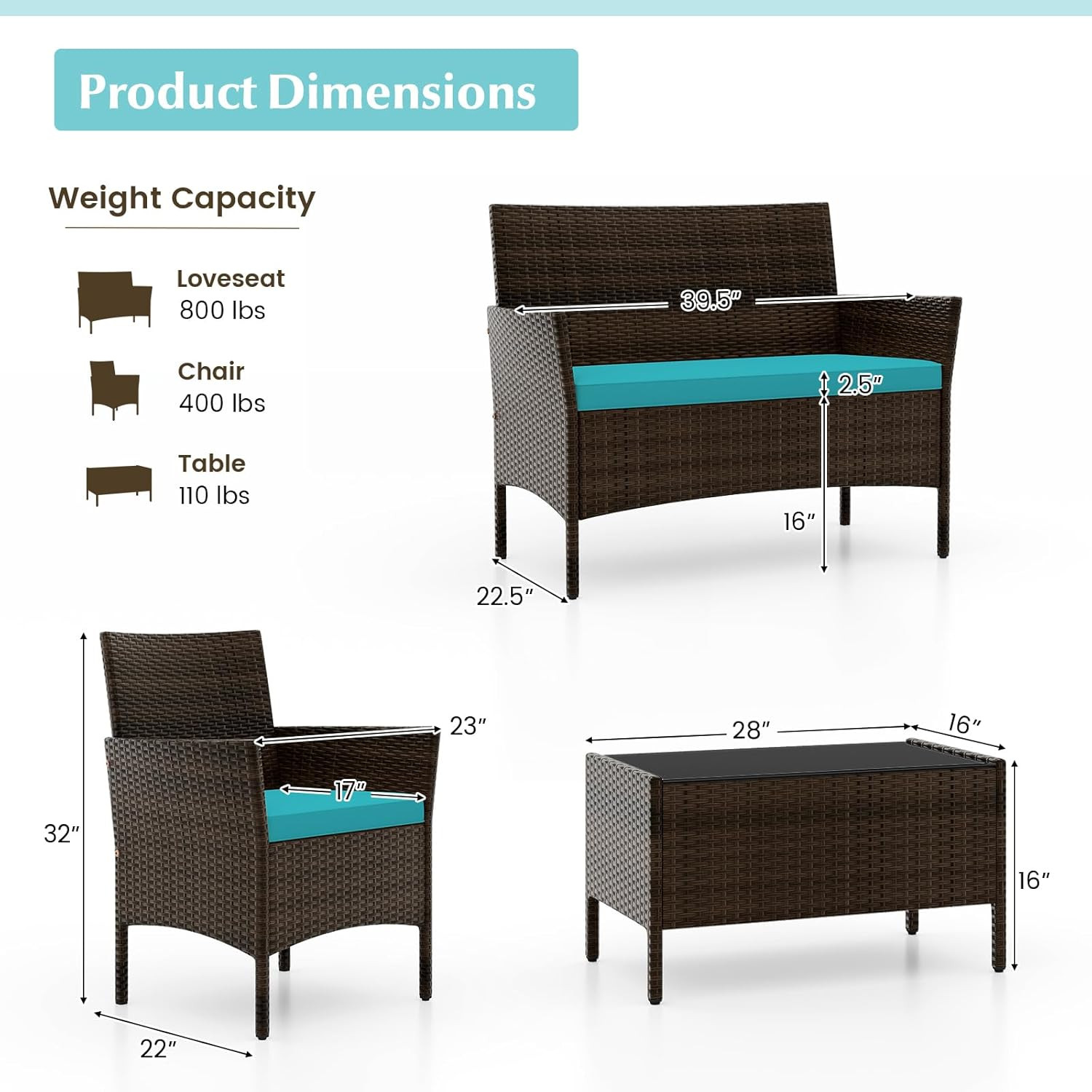 KOTEK 4 Piece Patio Furniture Set, Outdoor Rattan Conversation Set with Loveseat