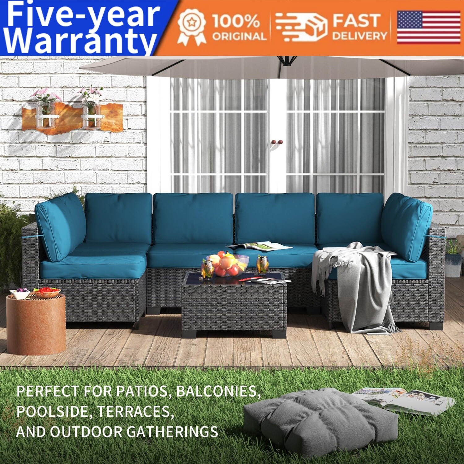7-Piece Outdoor Patio Furniture Set PE Rattan Wicker Sectional Modular Sofa Set