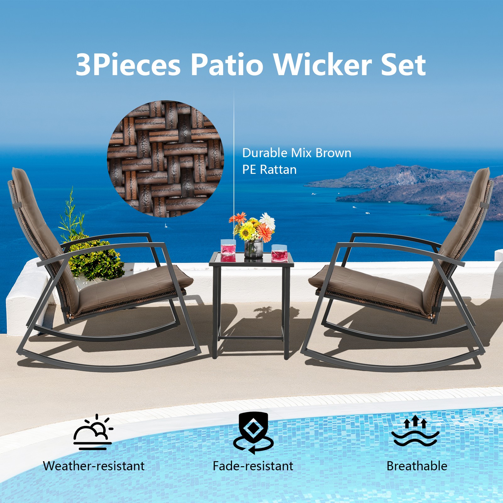 Patiojoy 3-Piece Patio Rattan Rocking Table &Chair Furniture Set Cushion Brown