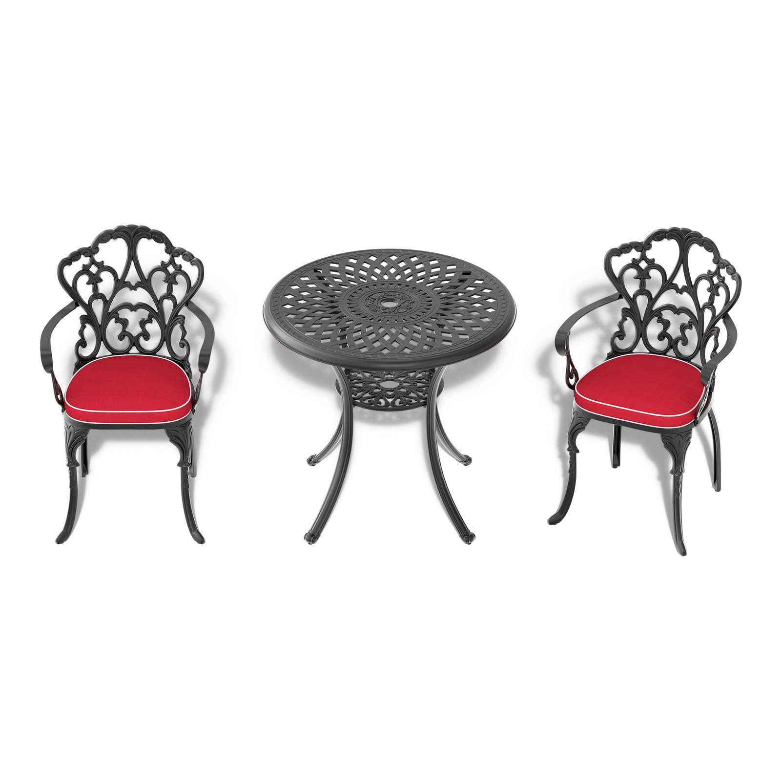 3-Piece Outdoor Cast Aluminum Patio Bistro Set 30in Round Table W/ Umbrella Hole