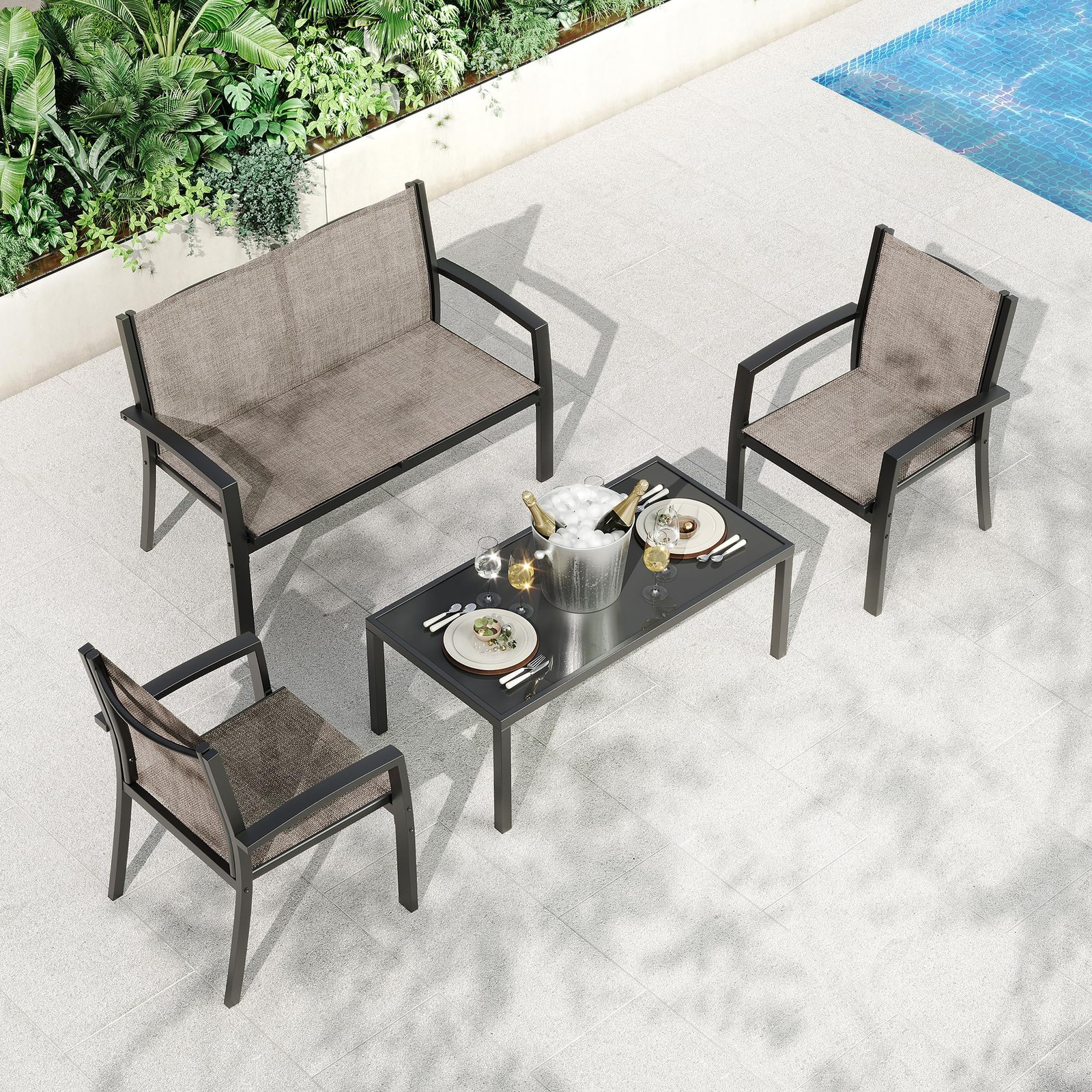 Outdoor 4 Pieces Patio Table Set, Loveseat, 2 Single Chairs & Coffee Table