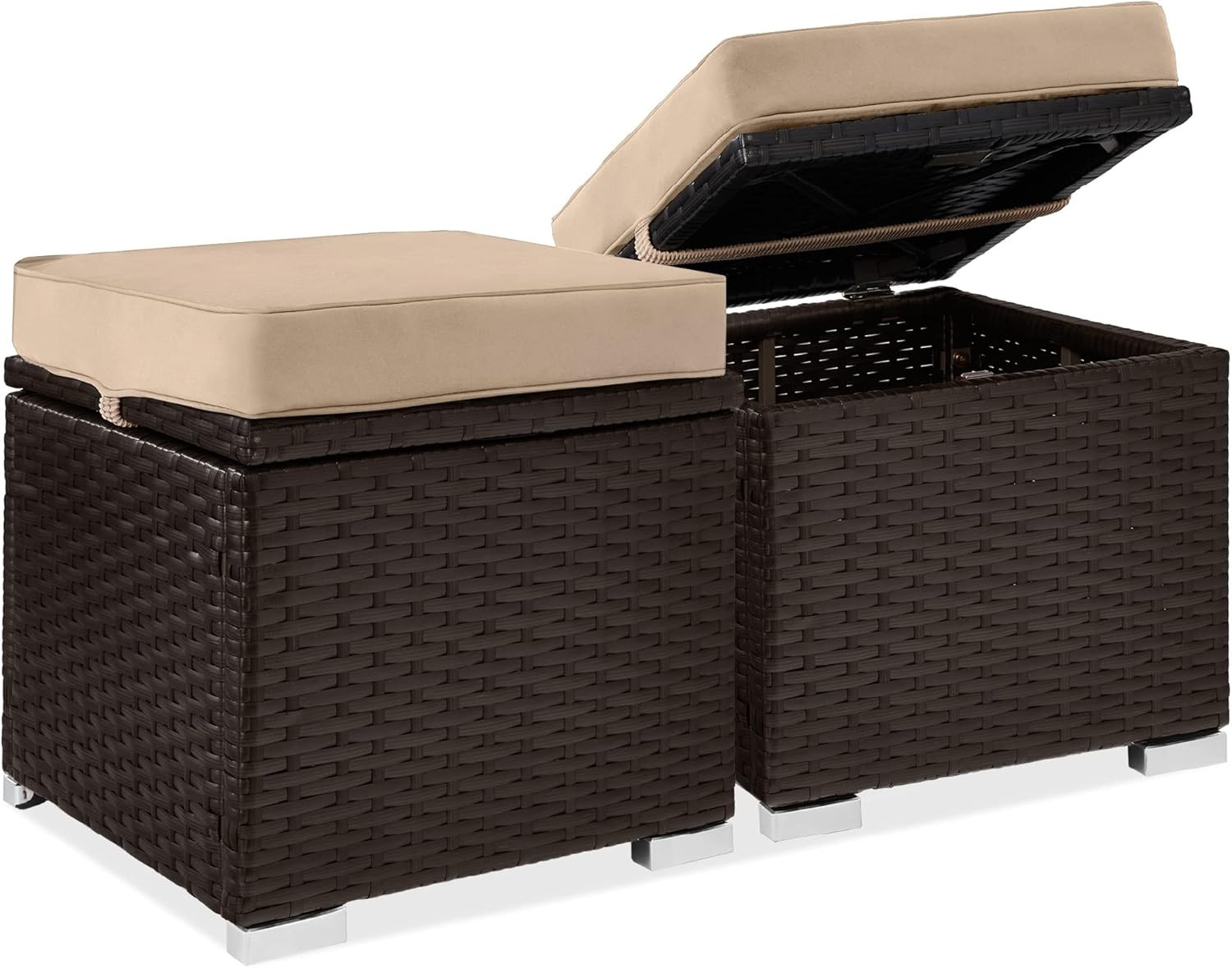 Set of 2 Wicker Ottomans, Multipurpose Outdoor Furniture for Patio, Backyard, Ad