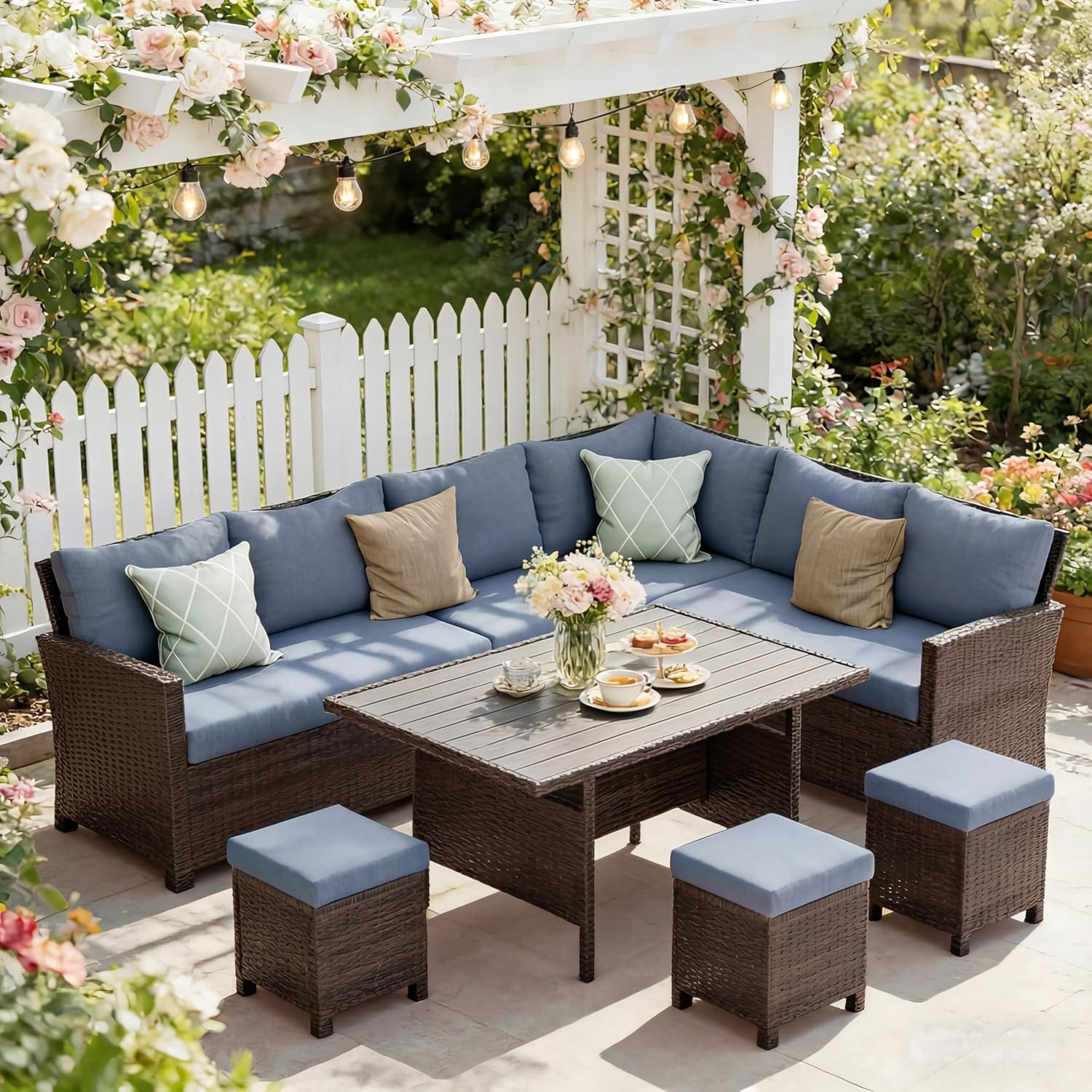 7 Piece Patio Furniture Set, High Curved Back Wicker Patio Sectional, All Weathe