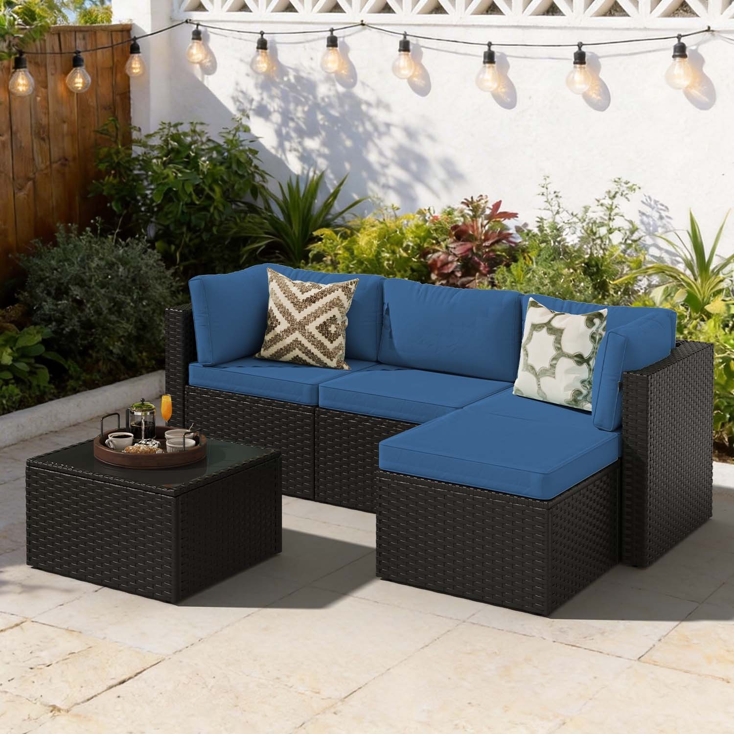 3-Piece Black Rattan Conversation Set Sofa Ottoman Table Navy Blue