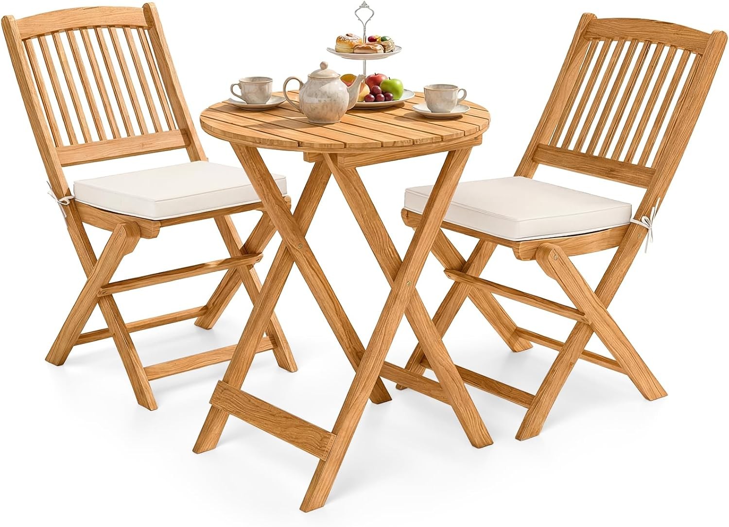 3Pcs Patio Bistro Set, Wood Folding Table Set, 2 Cushioned Chairs for Garden
