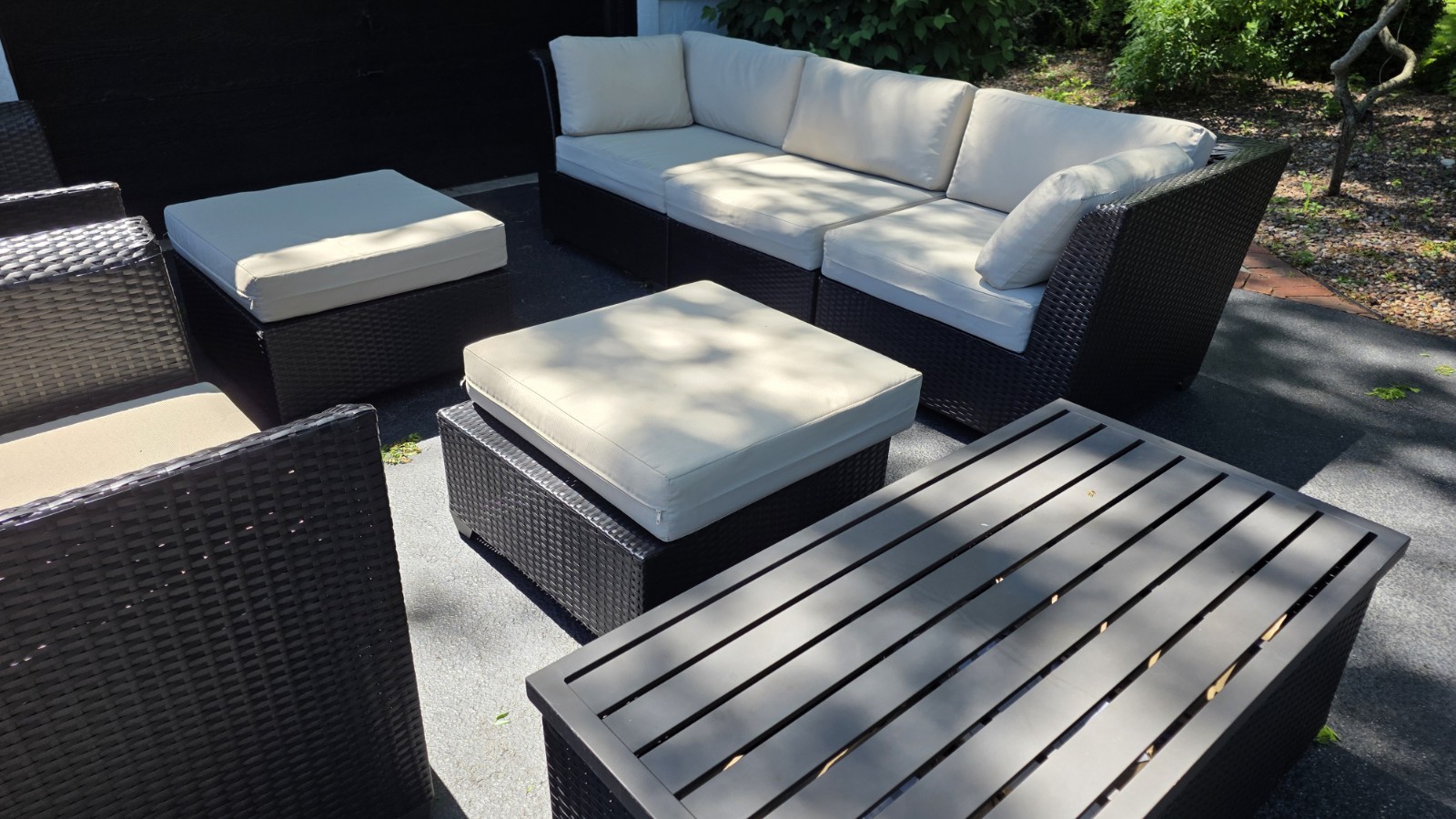 Black Rattan Wicker Patio Sofa Set, Beige Cushions, Ottoman & Rectangle Table