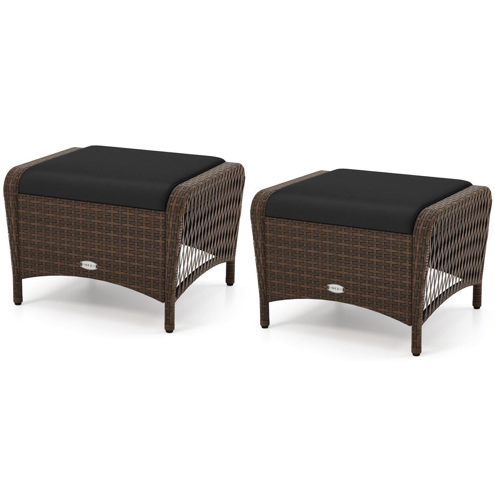 2 Pieces Outdoor Patio PE Wicker Ottomans w/Removable Cushions for Porch, Garden
