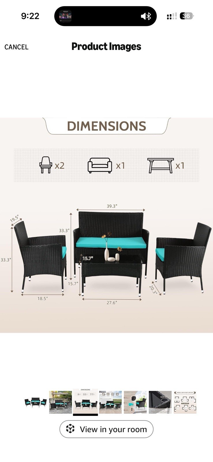 COSTWAY 4-Piece Black Rattan Patio Furniture Set w/ Blue Cushions & Glass Table