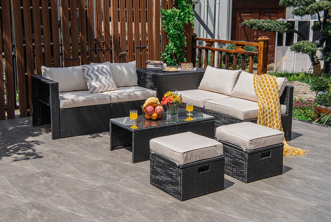 Patiojoy Outdoor 8PCS Rattan Furniture Set Storage Table Ottoman Off White