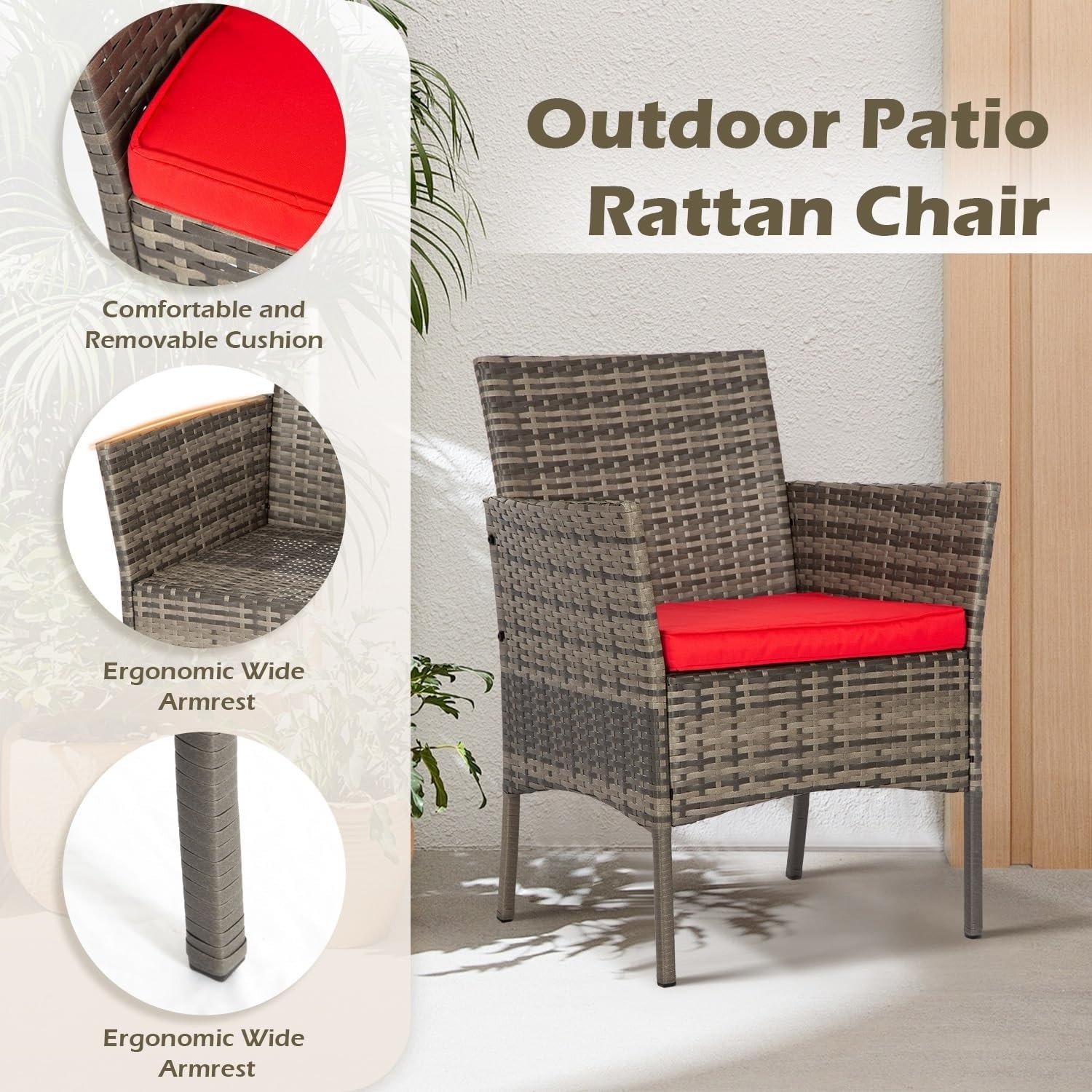 Modern 3-Piece Outdoor Wicker Bistro Set with Red Cushions for Elegant Patios