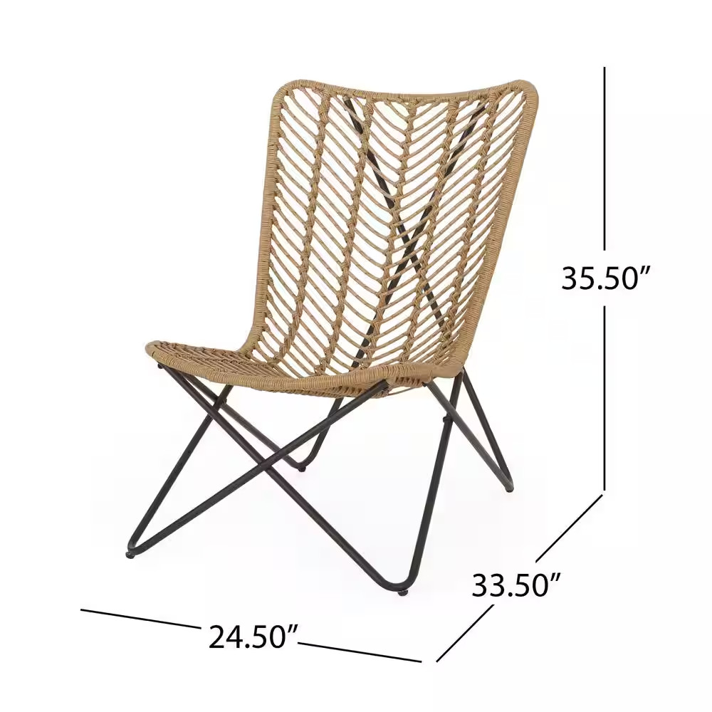 2-Pieces Light Brown PE Wicker and Metal Outdoor Lawn Chairs with Geometric Cros