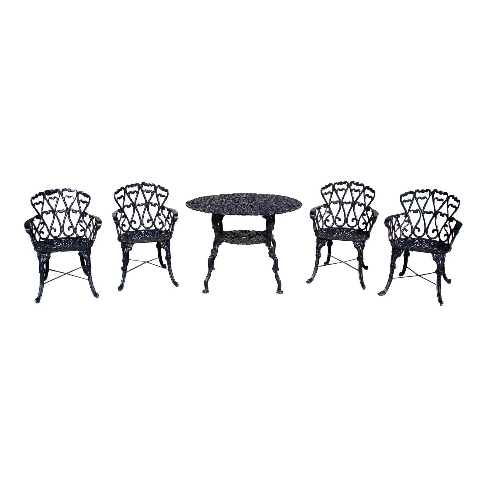 Mid-Century Ornate Cast Aluminum Patio Dining Set, Filigree Table W/4 Chairs