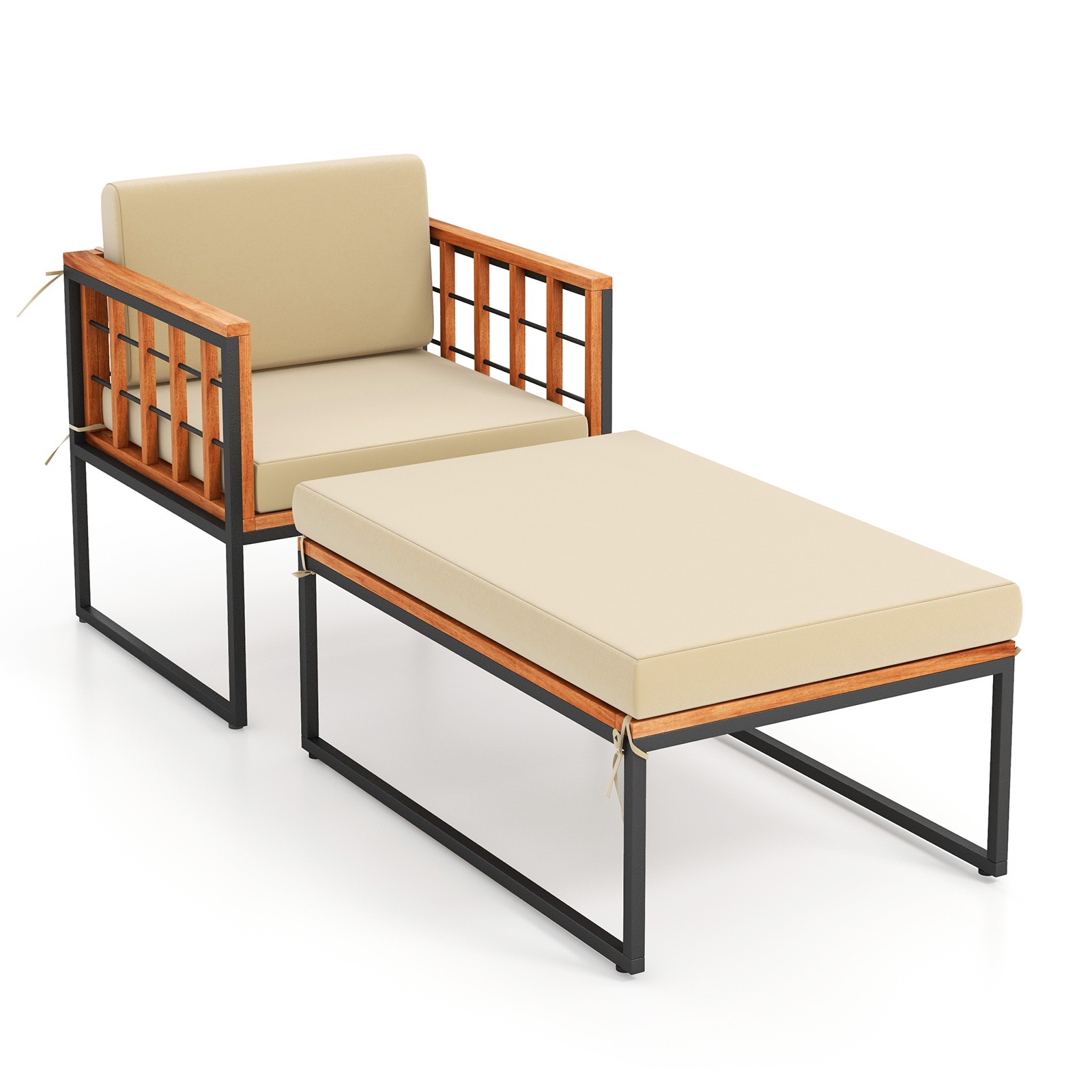Outdoor Furniture Set Patio Acacia Wood Armchair w/ Long Ottoman Cozy Seat