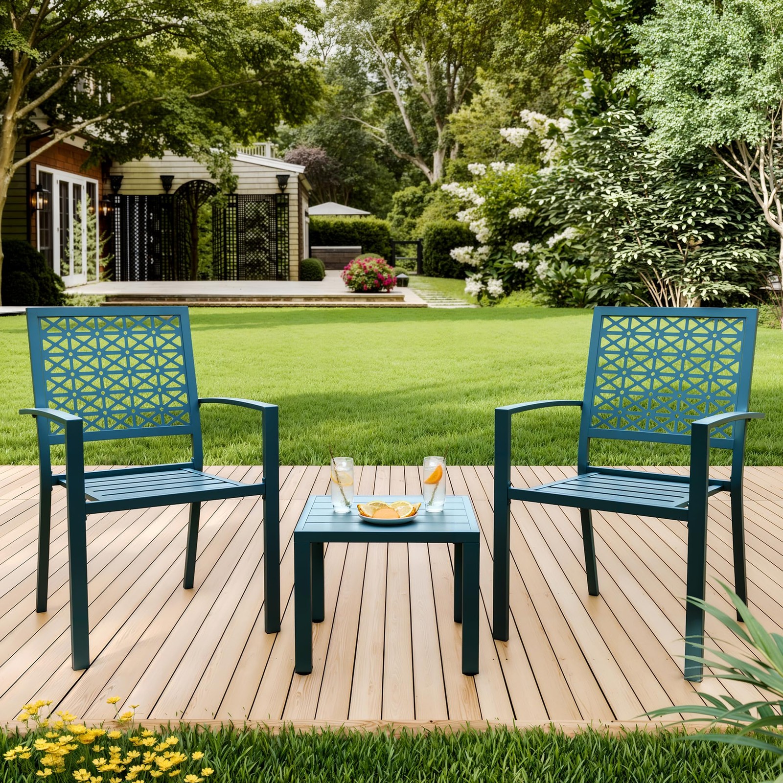 3 Piece Iron Bistro Set Stackable Outdoor Patio Furniture for Porch and Balcony