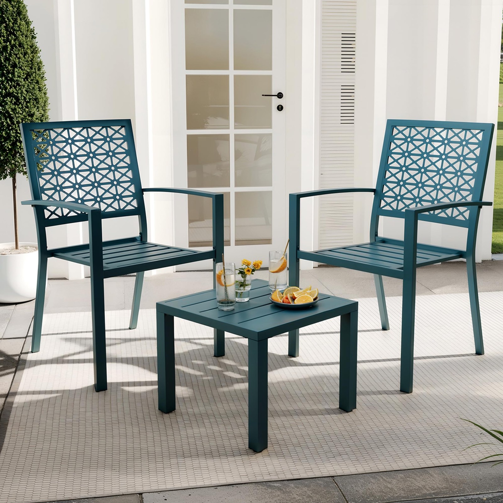 3 Piece Iron Bistro Set Stackable Outdoor Patio Furniture for Porch and Balcony