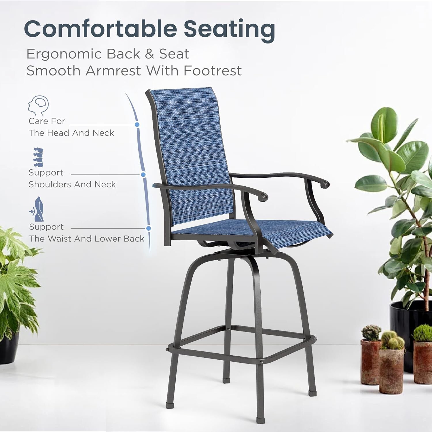Patio Bar Table Chair Set of 3 Outdoor Swivel Bar Height Chair Bar Stools Blue