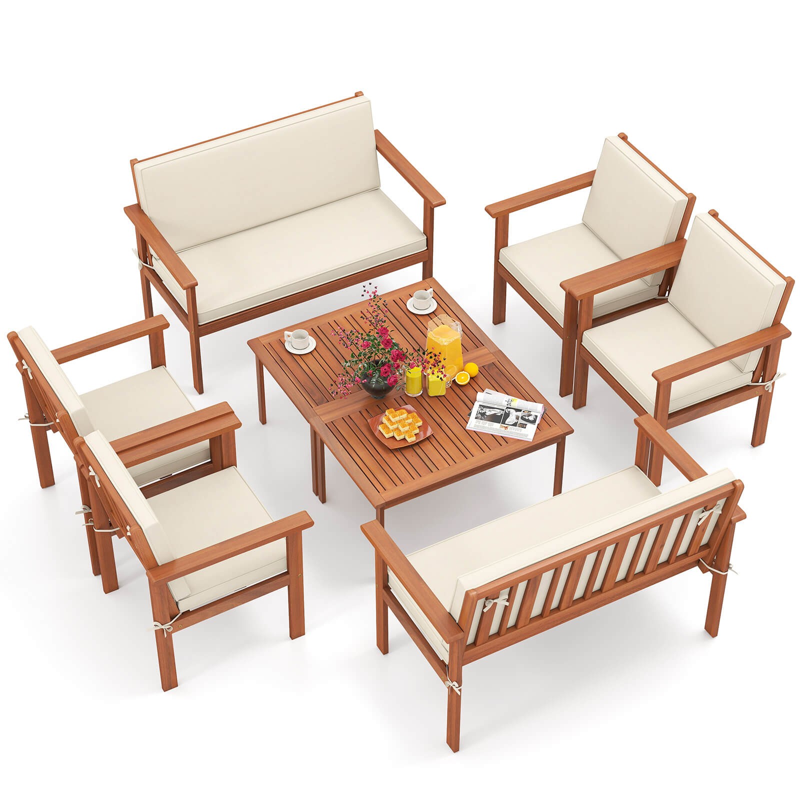 8 PCS Acacia Wood Conversation Set w/ Seat & Back Cushions Loveseat Armchairs
