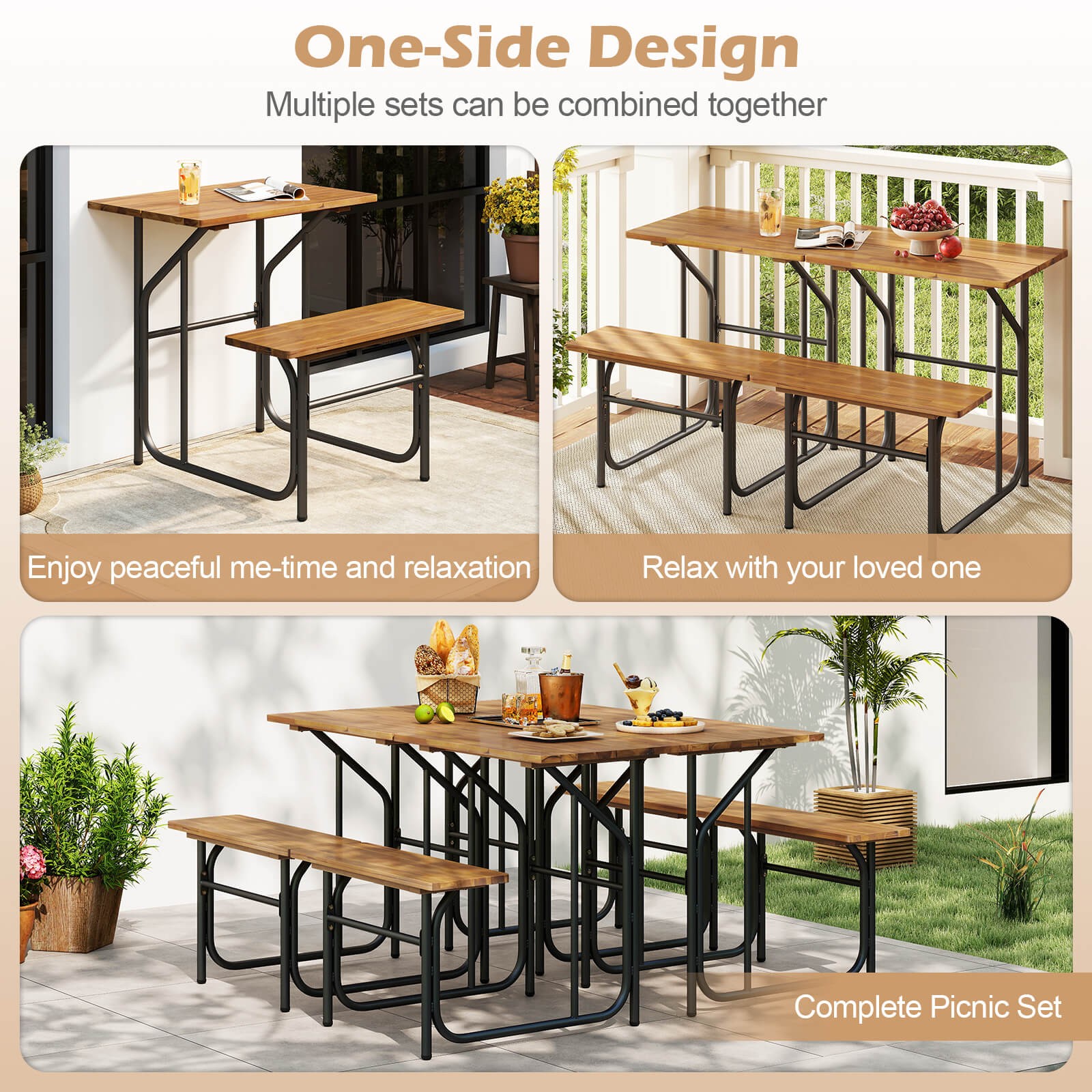 Patio Table Bench Set One-Side Picnic Table & Seat w/ Acacia Wood Top Metal Legs