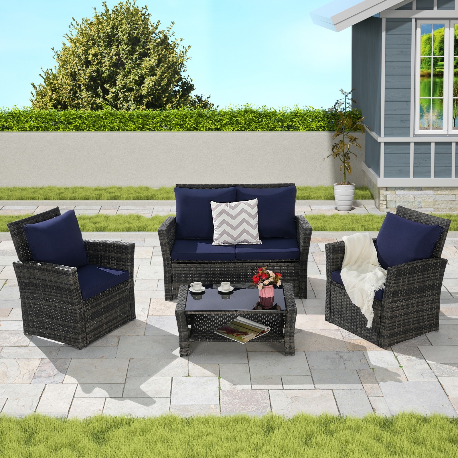 Outdoor Patio Furniture Set 4-Piece Rattan Chairs Coffee Table