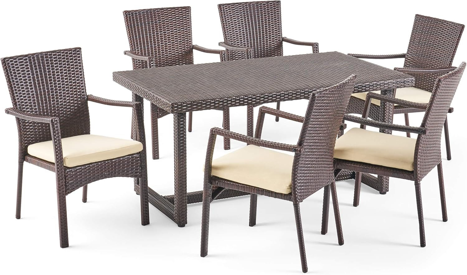 Elegant 7-Piece Multibrown Wicker Dining Set with Crème Cushions