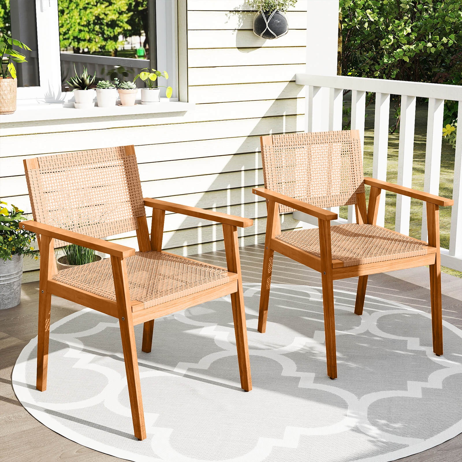 Acacia Wood Outdoor Dining Chairs Set of 2, PE Rattan Patio Chairs w/Armrests