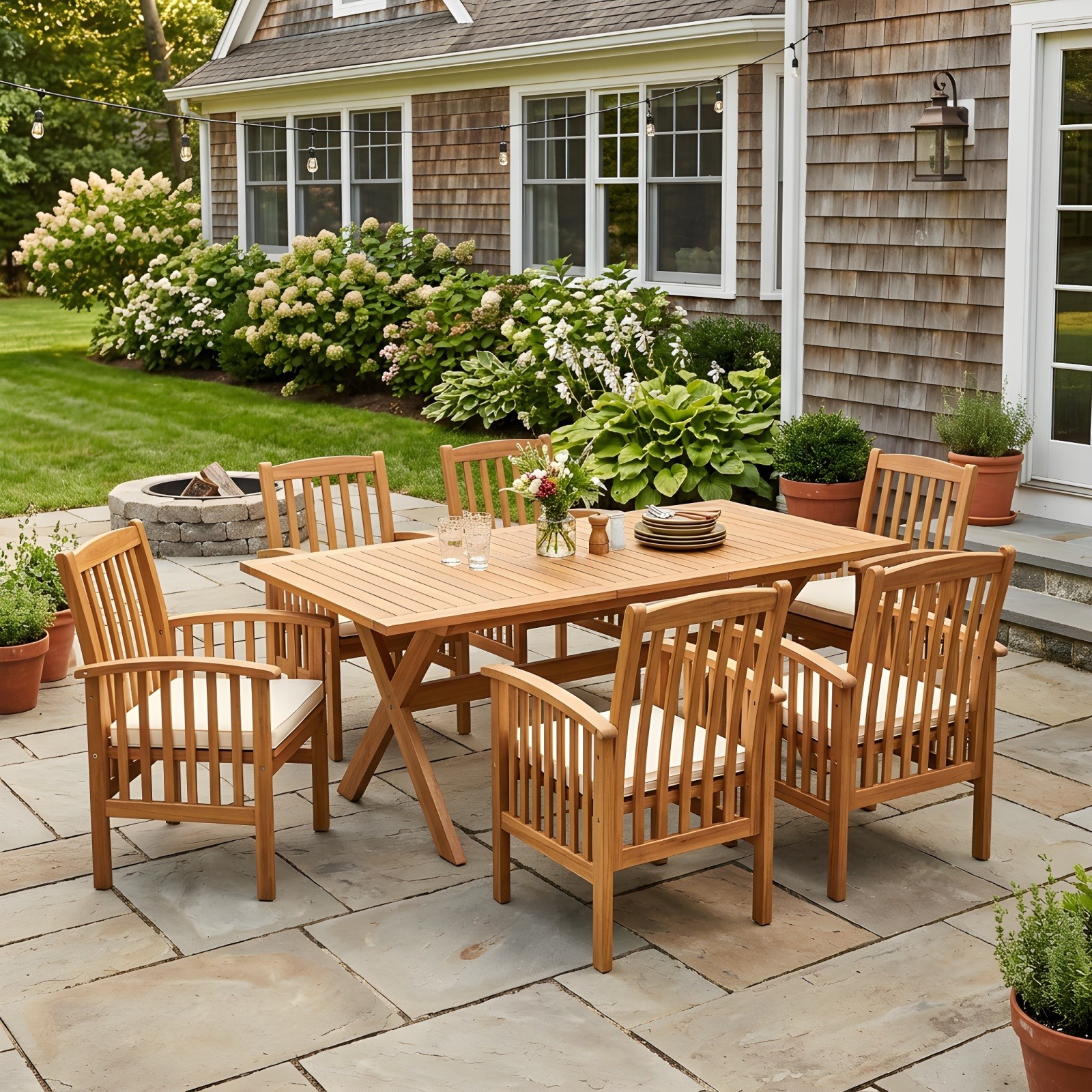 Acacia Wood Outdoor Dining Set 6 Chairs 1 Table Expandable Teak Finish