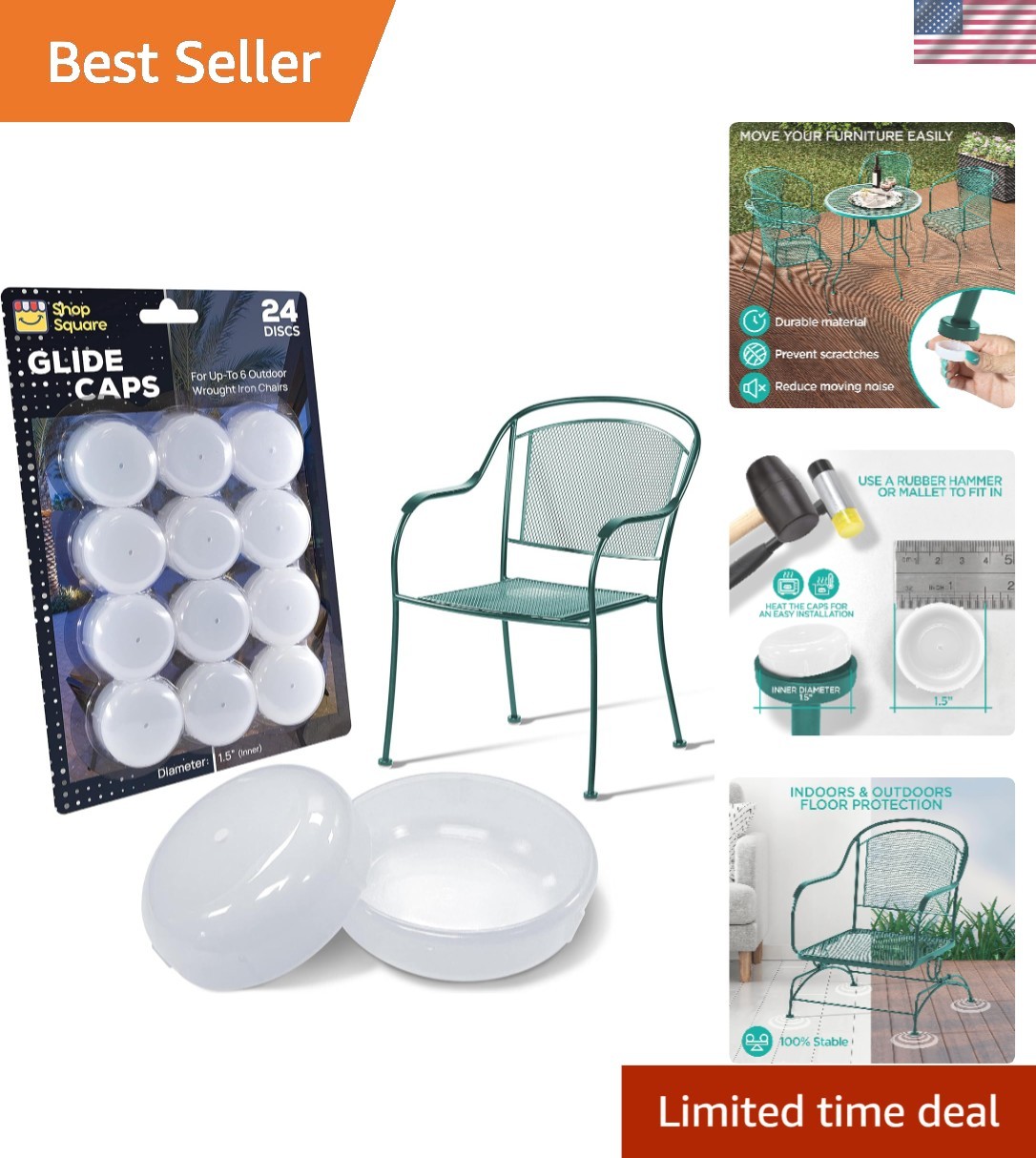 Wrought Iron Patio Furniture Feet Caps 24 Pack, White – 1.5″ Round Plastic Ou…