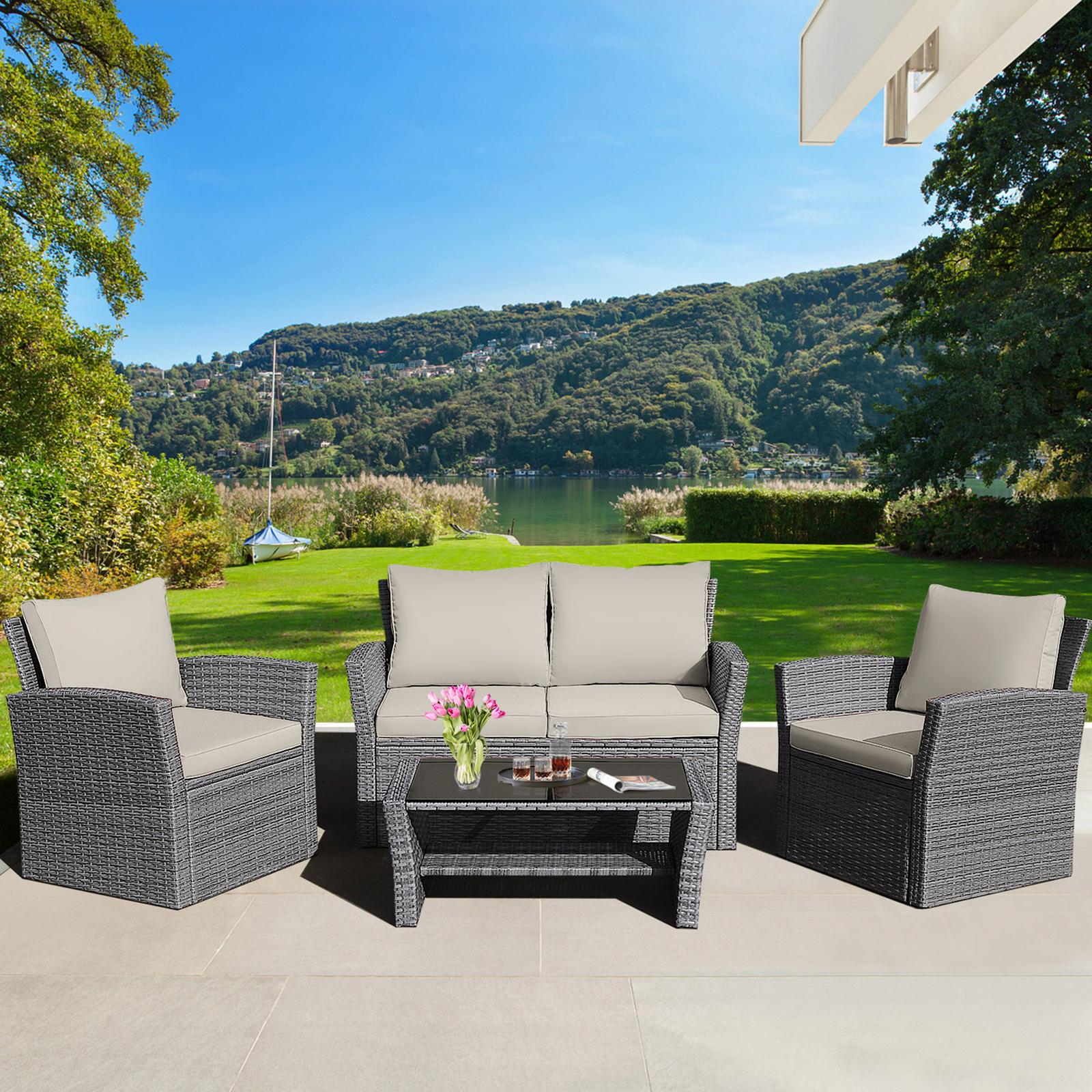 4PCS Patio Rattan Conversation Set Outdoor Furniture Set w/ Khaki Cushions