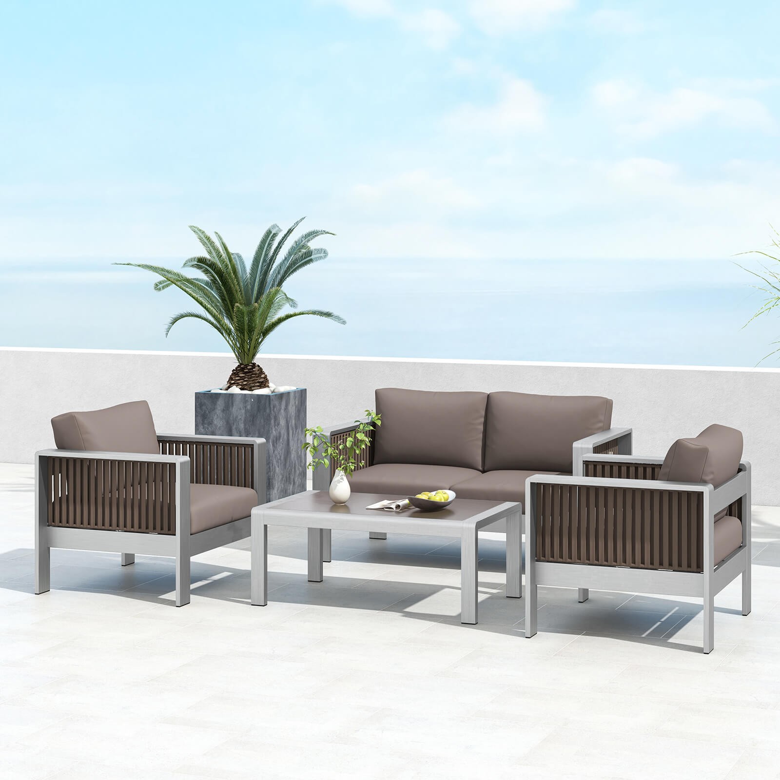 Outdoor Rectangle Coffee Table Aluminum Side Table w/ Tempered Glass Tabletop