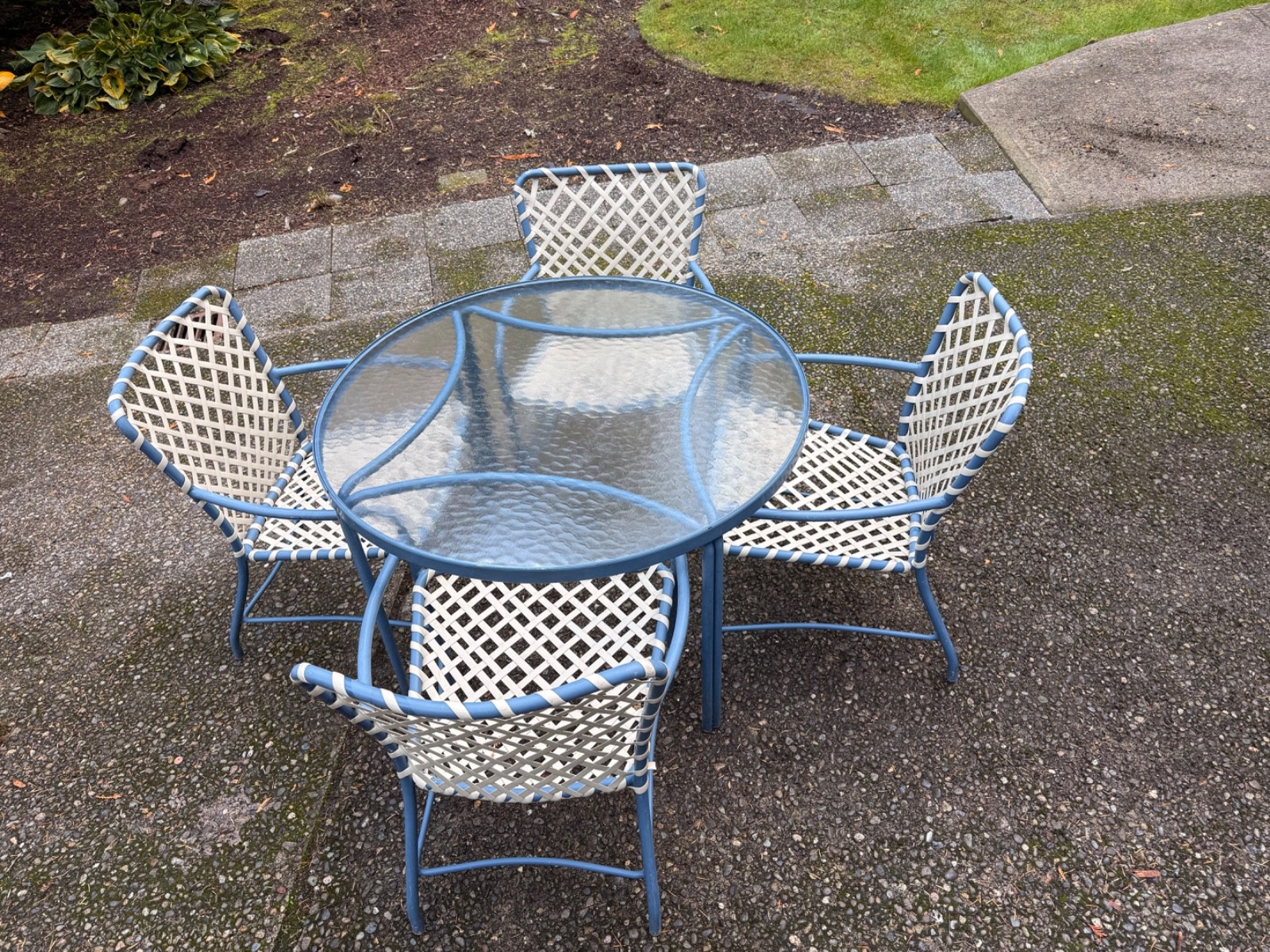 BLUE BROWN JORDAN TAMIAMI ORIGINAL GLASS 4 CHAIRS TABLE SET PATIO OUTDOOR DINING