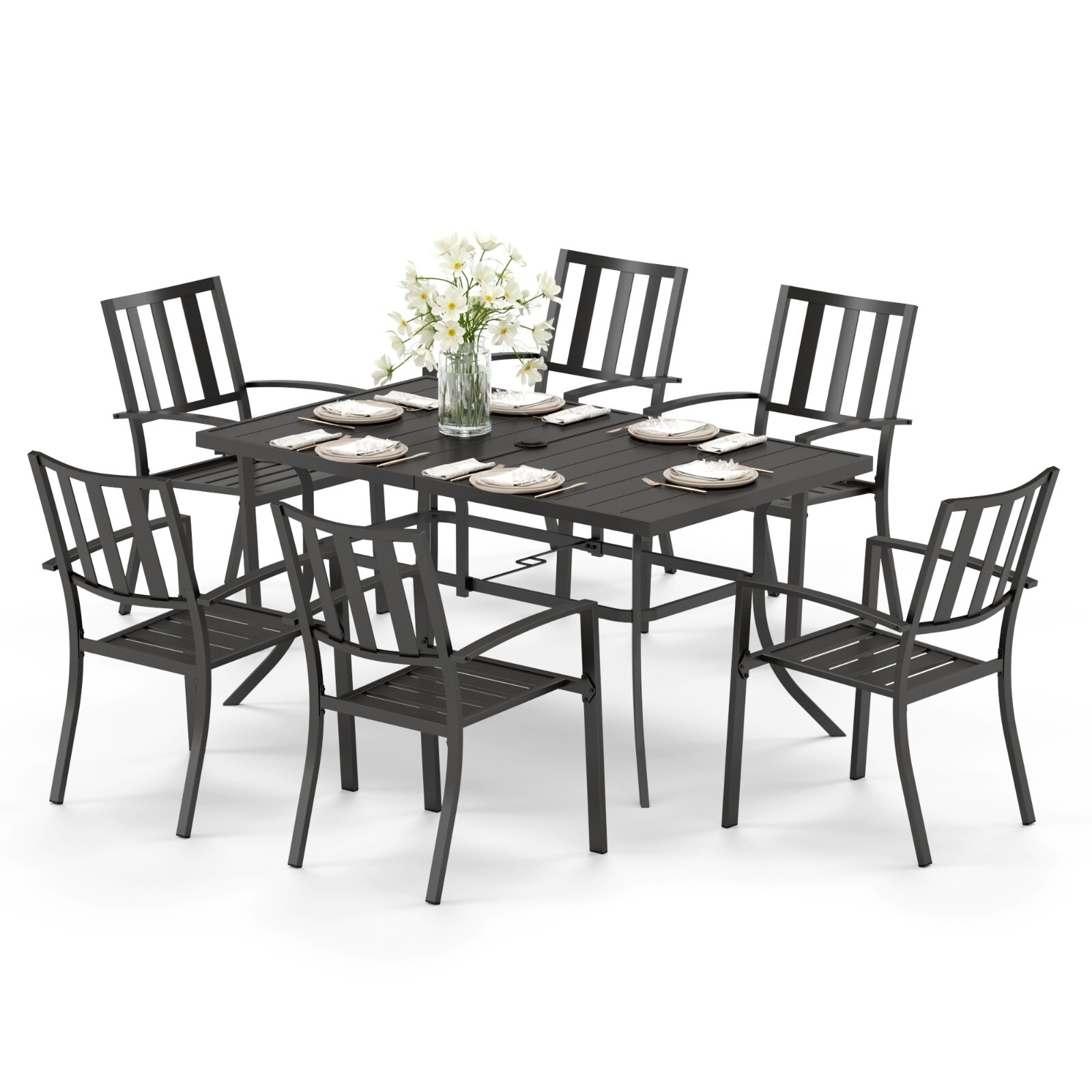 7 Pcs Outdoor Furniture Set Patio Dining Chairs & Metal Table with Umbrella Hole