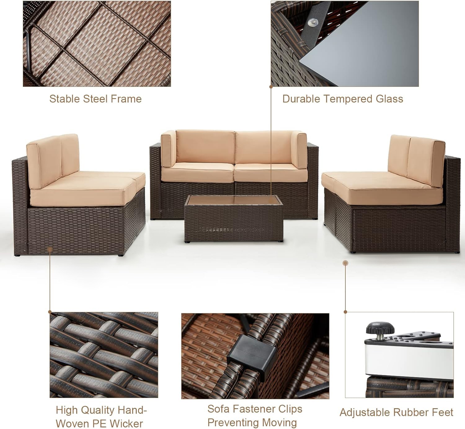7 PCS Outdoor Patio Furniture Set, PE Rattan Wicker Sofa Set w/ Coffee Table