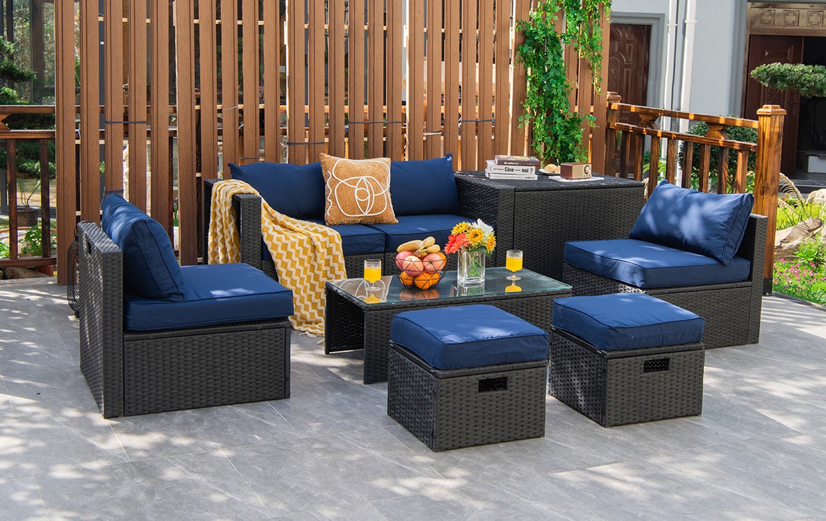 Patiojoy Outdoor 8PCS Rattan Furniture Set Storage Table Ottoman Navy