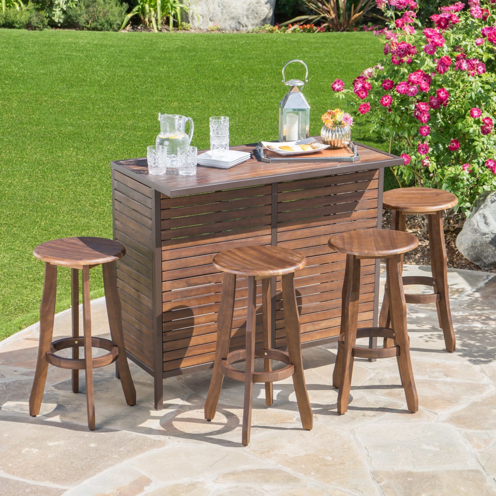 Outdoor Wooden Bar Set Contemporary Standard Chair Heigt Brown Furniture 5 Pcs