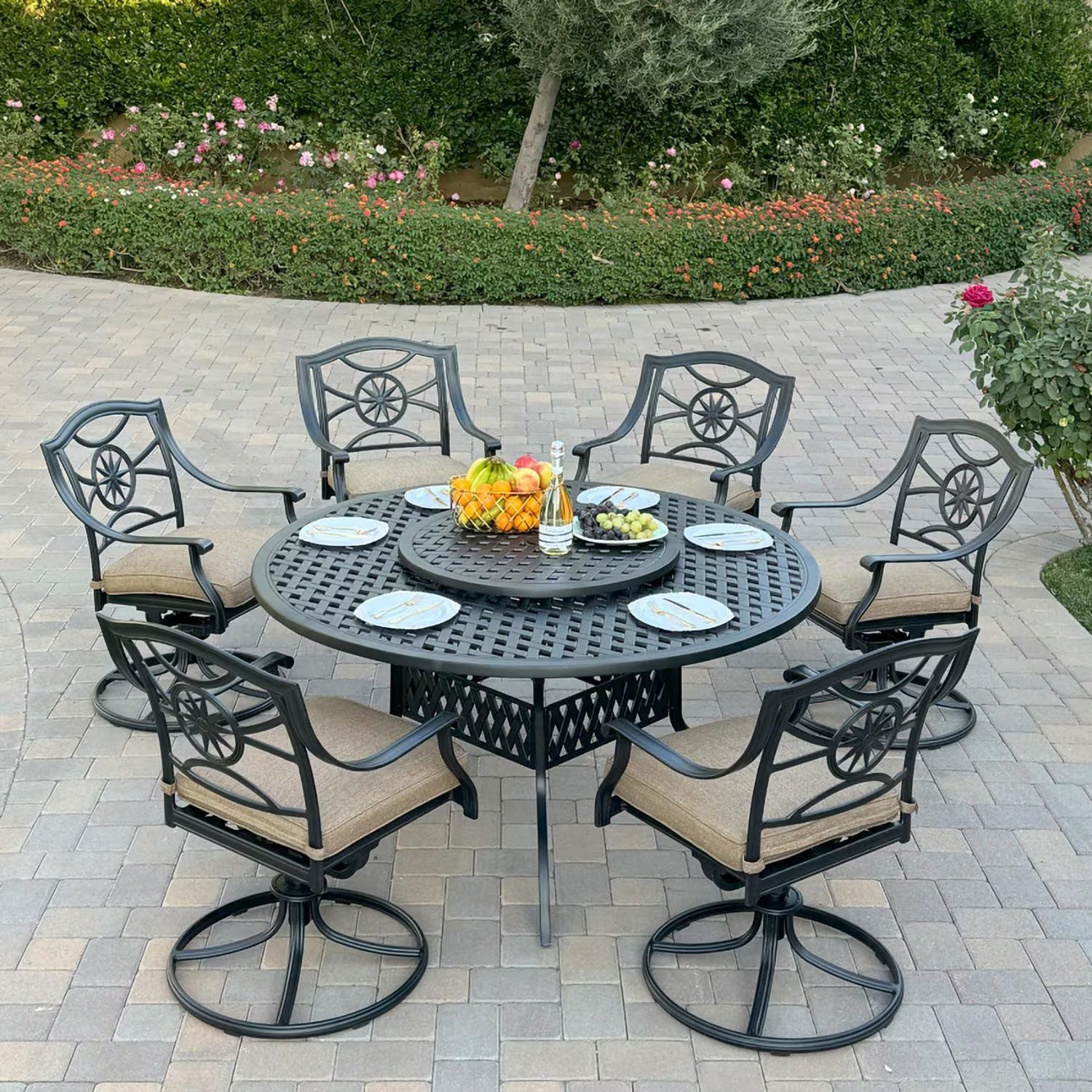 Ten Star 8 Pc Cast Aluminum Dining Set Lazy Susan in Antique Bronze By Darlee