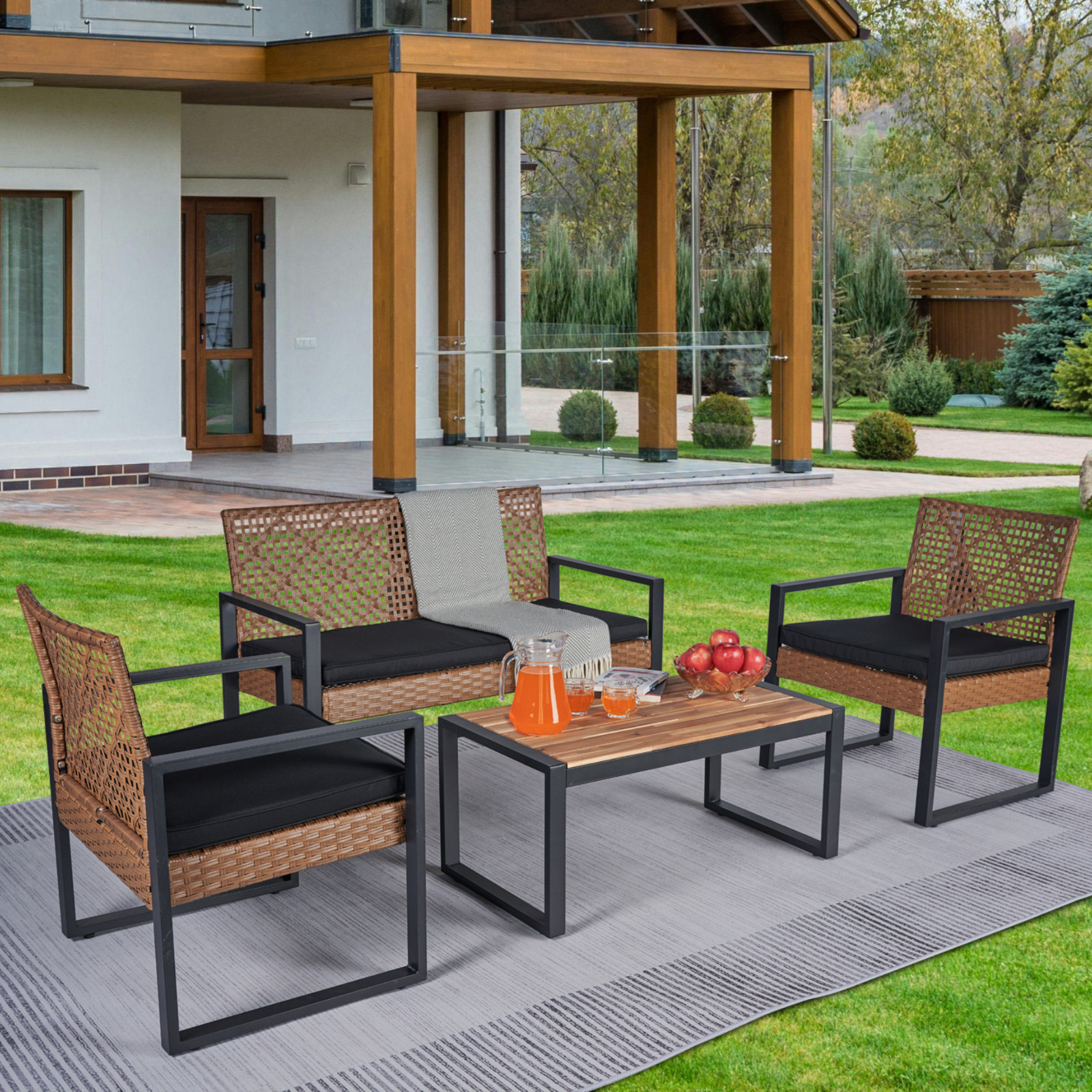 4-Piece Patio Furniture Set Outdoor Balcony Porch Backyard Acacia Wood Table Top