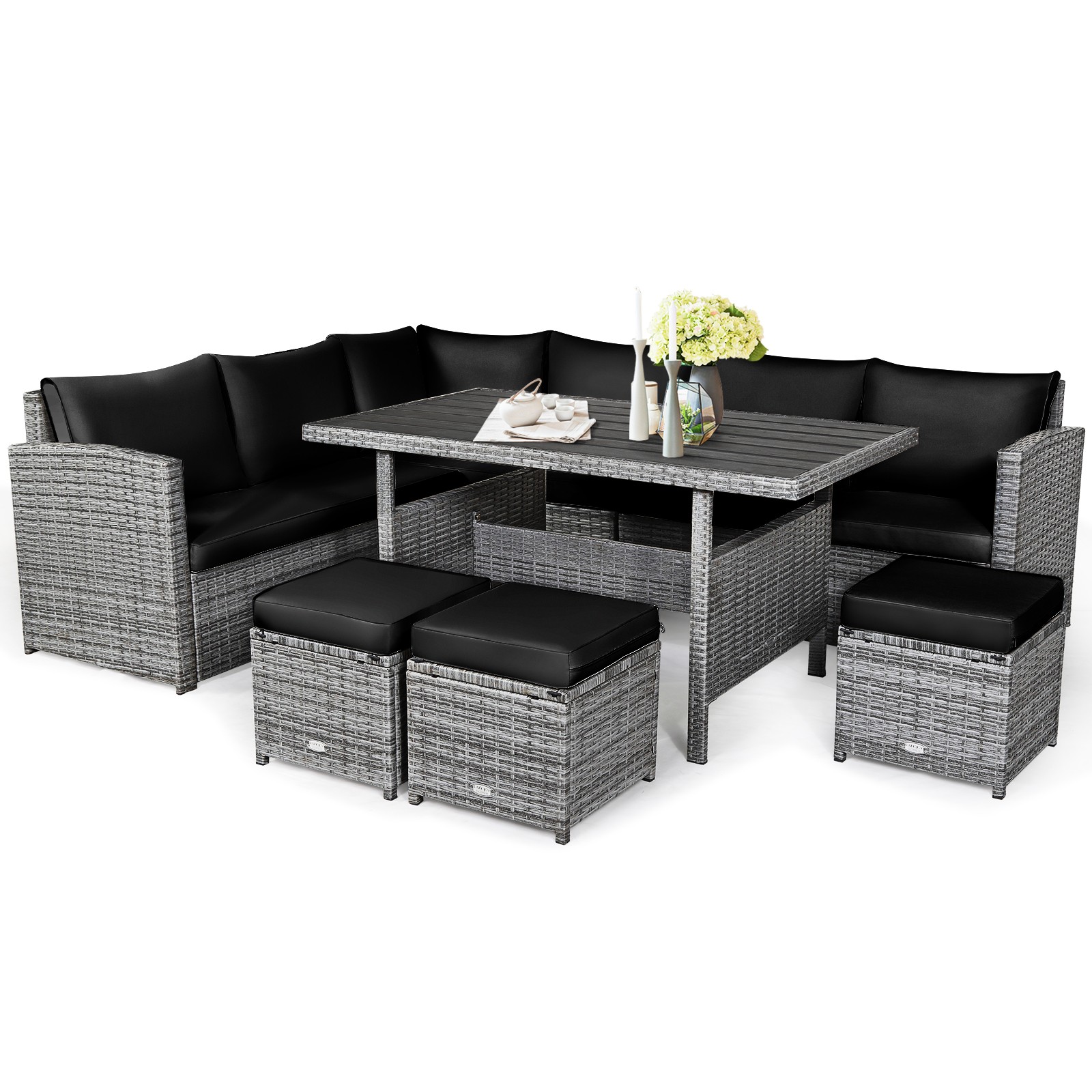 Patiojoy 7 PCS Patio Rattan Dining Set Sectional Sofa Couch Ottoman Garden Black