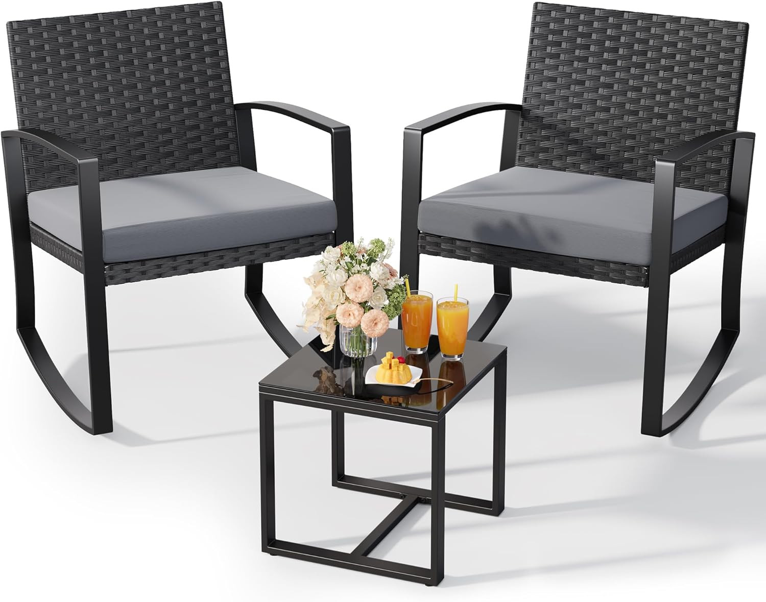 3 Pieces Patio Furniture Set Rocking Bistro Set Outdoor Rattan Conversation with