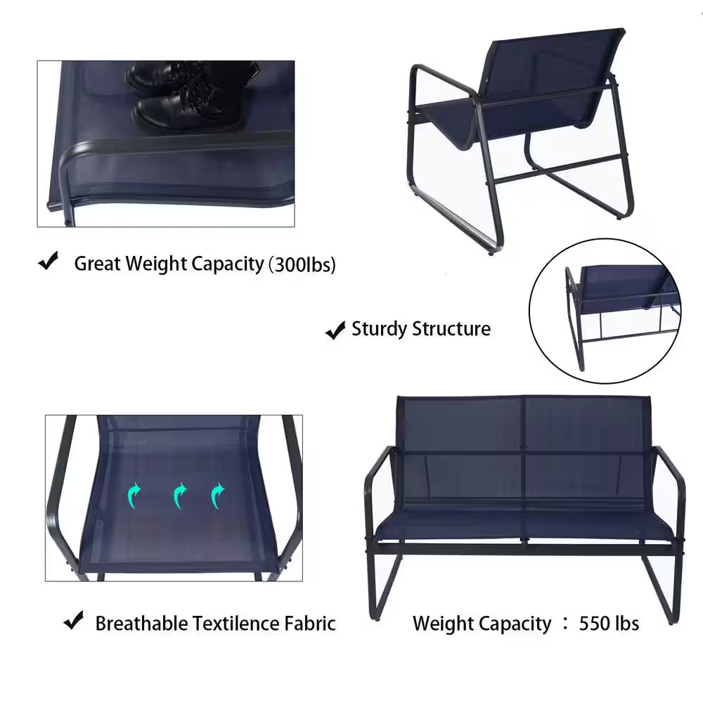 Gray 4Piece Metal Patio Conversation Set with Blue Breathable Textilence Seating