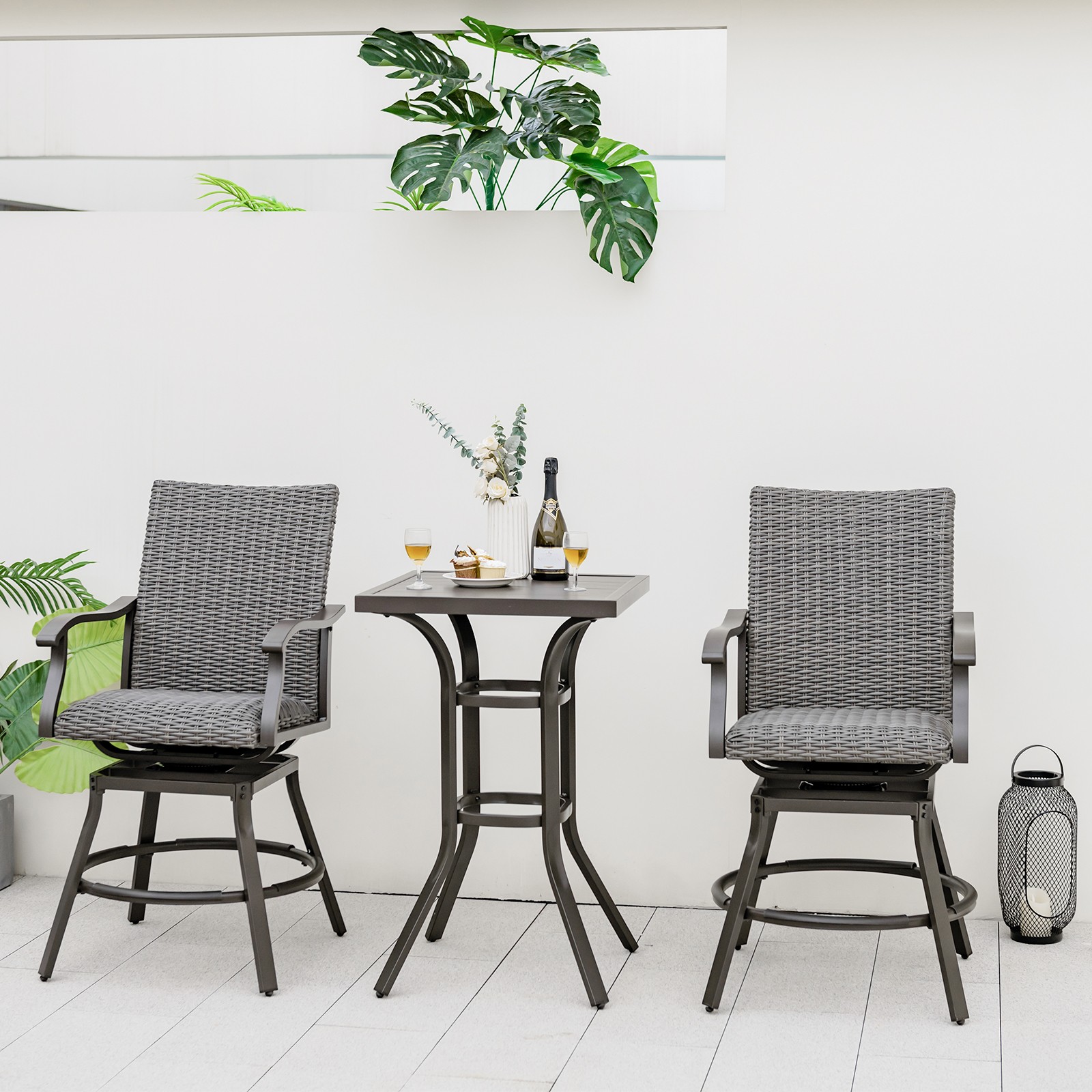 Patio 3PCS Rattan Bar Table Stools Set Aluminum 360° Swivel Chairs W/Padded Seat