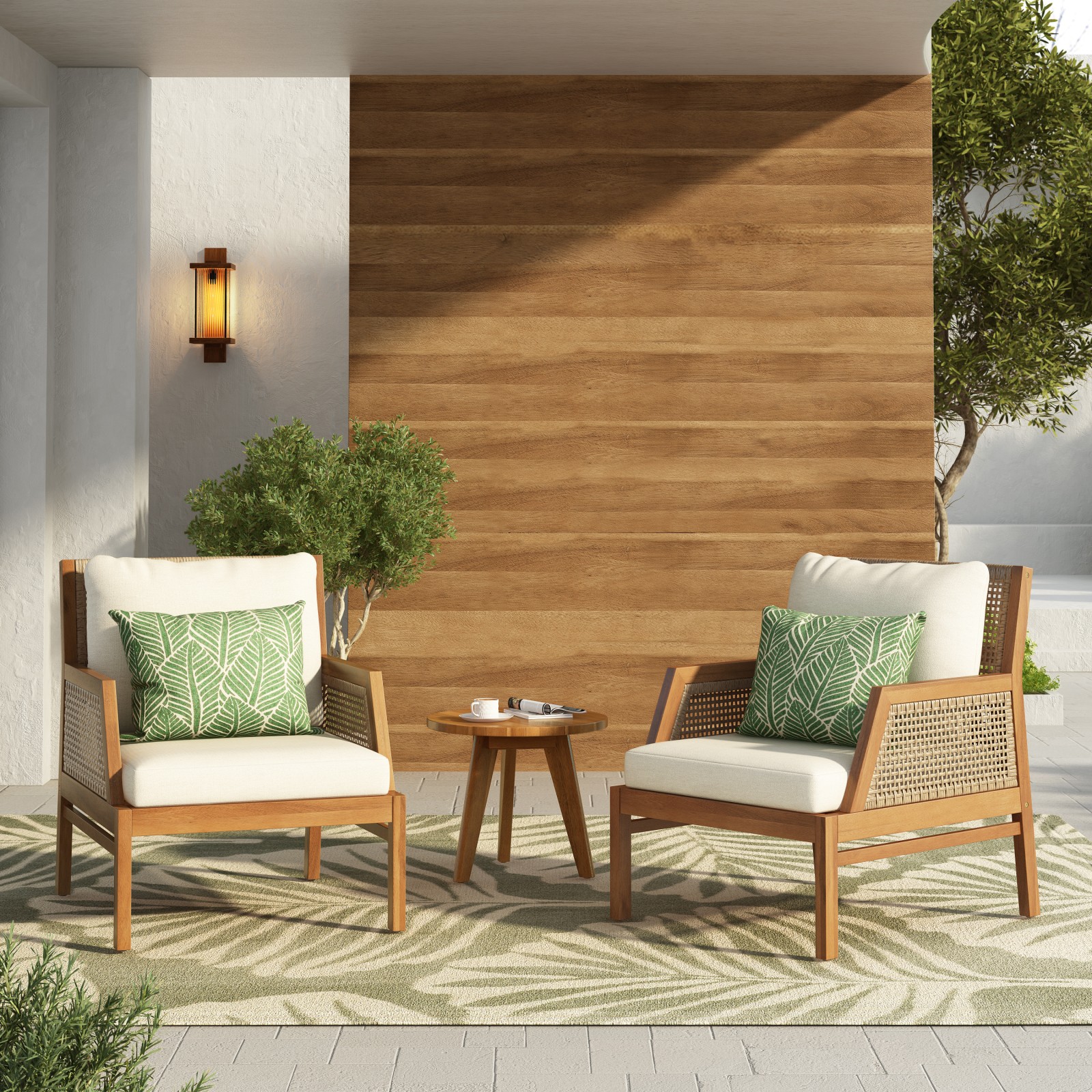 Acacia Wood & Wicker Outdoor Club Chair Set of 2 with Cushions
