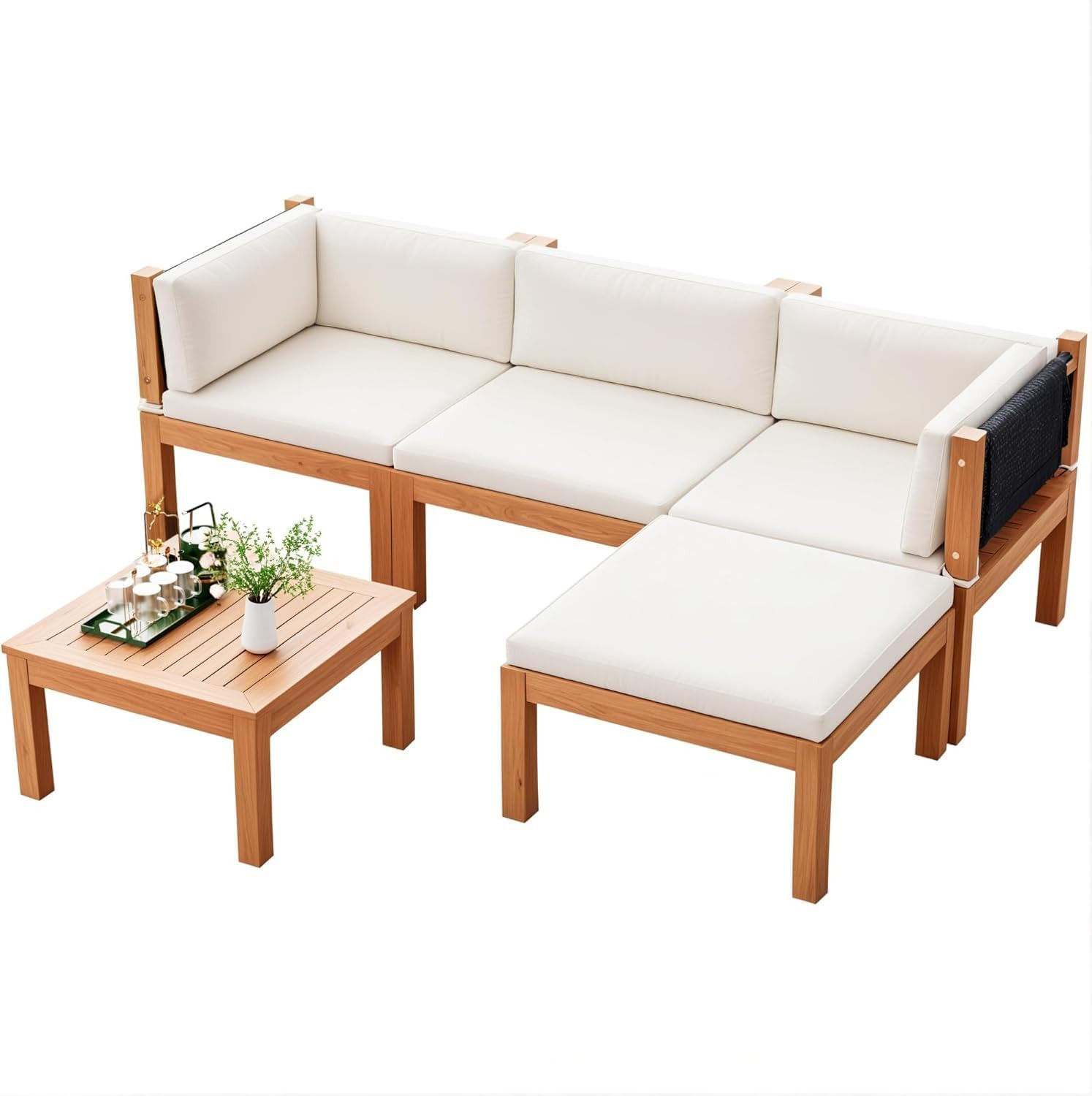 5 Pieces Acacia Wood Outdoor Sectional Sofa Set with Coffee Table, Outdoor L-Sha