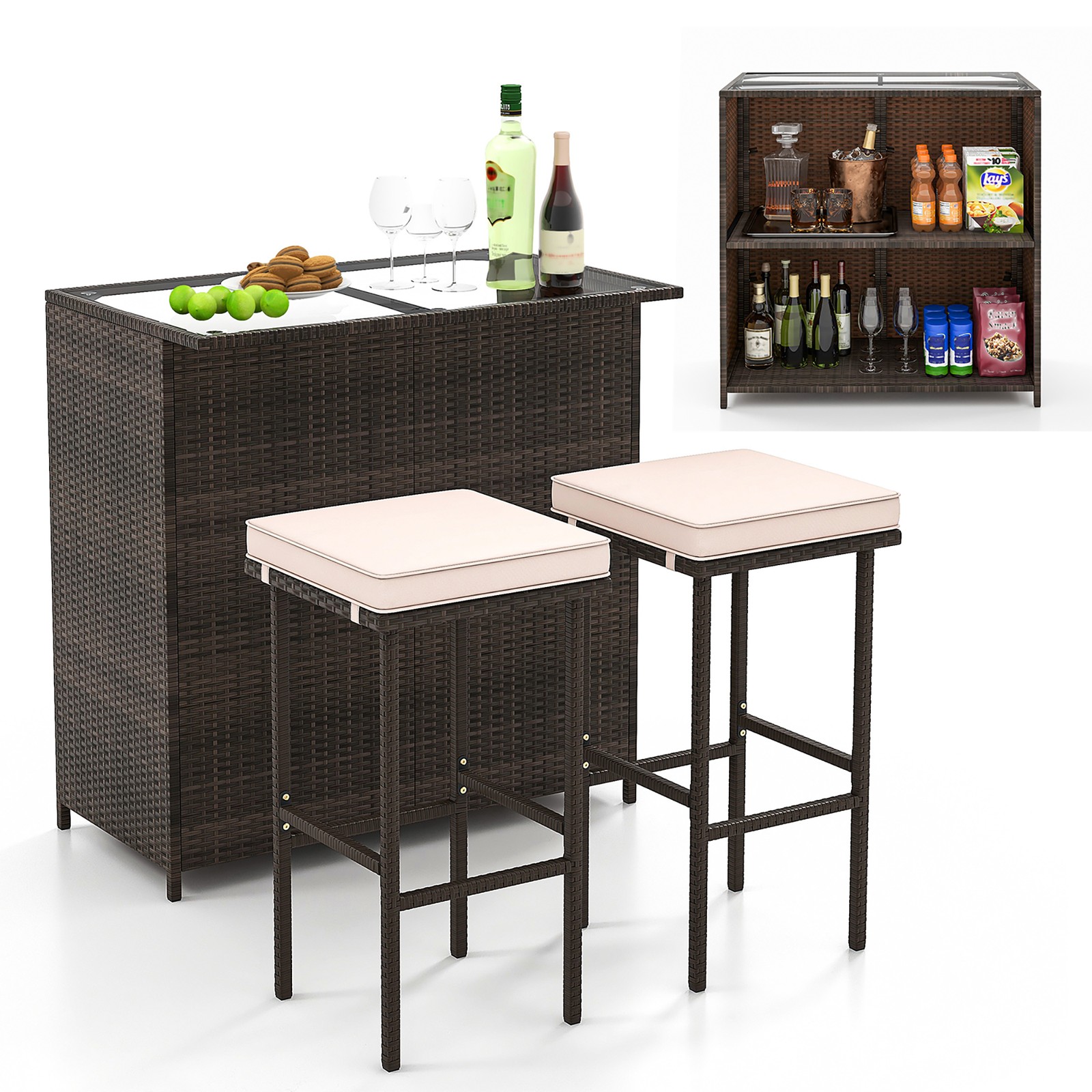 3 Pieces Patio Bar Set PE Wicker Outdoor Bar Table & Stools Set w/ Removable