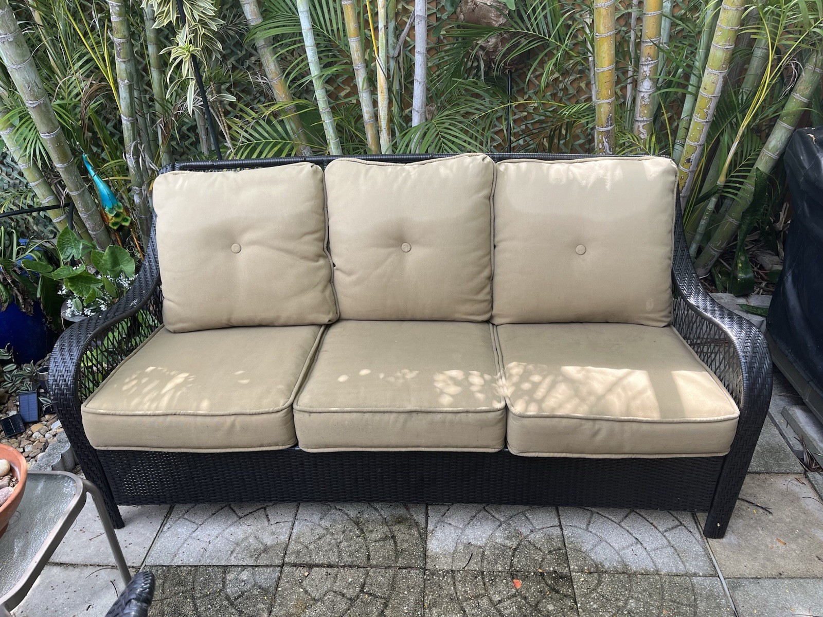 Black Rattan Wicker Sofa Set with Beige Cushions, Chairs, Backrest, Armrest