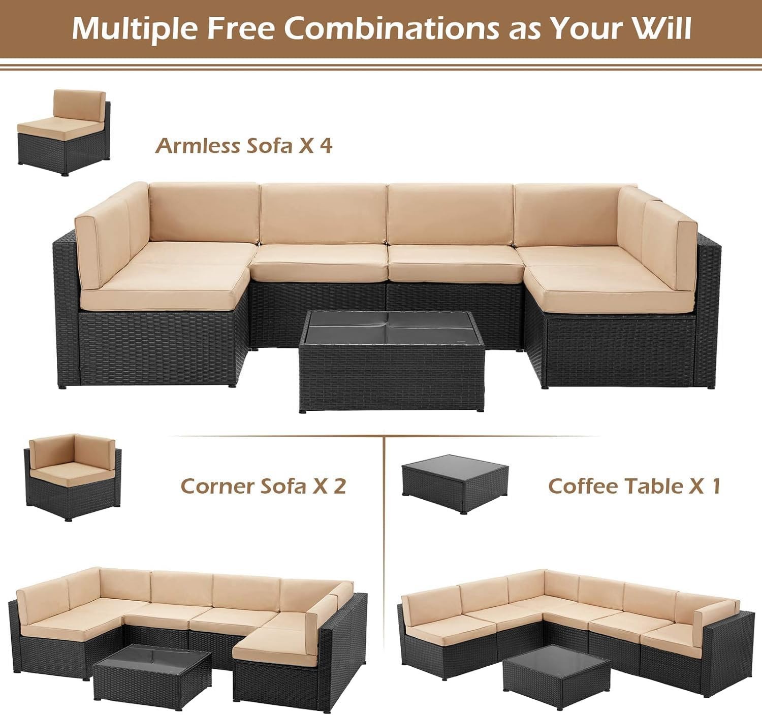 7-Piece Outdoor Patio Rattan Sectional Sofa Set w/ Table Black Beige