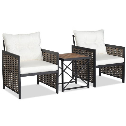 3 Pieces Patio Rattan Furniture Set with Acacia Wood Tabletop-White – Color: Whi