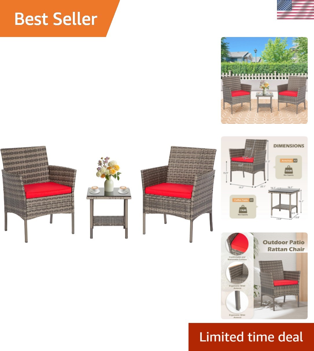 Modern 3-Piece Outdoor Wicker Bistro Set with Red Cushions for Elegant Patios